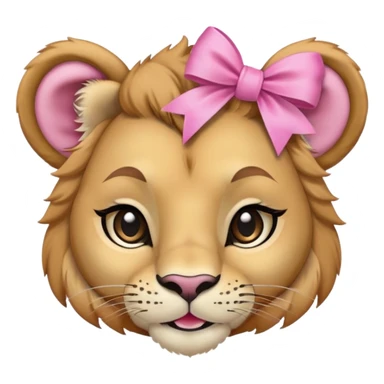 A young lioness with a pink bow on the right side of her head, feminine face, long lashes, and a confident smile sticker