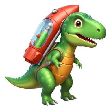 cute toy-like rocket-propelled dinosaur, rounded shapes, glossy texture, colorful rocket backpack, happy expression, 3D cartoon, mobile game icon style, clean background, no text, no watermark
 sticker