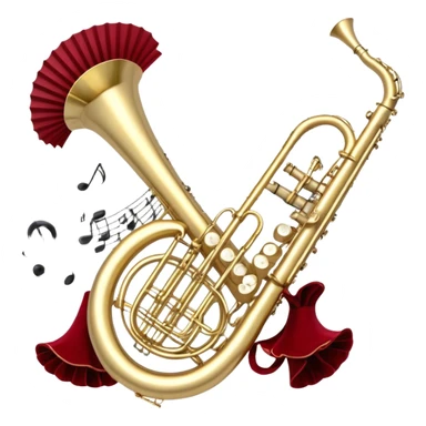 Create a festive and elegant emoji collage featuring a bouquet or fan of bells of wind instrument  (trumpets, saxophones, trombones, tubes, etc.) arranged in a radiant, symmetrical pattern. The instruments should have polished, golden and silver finishes, with their large, shiny bells forming a beautiful, fan-like display. Include a flowing ribbon of musical notes swirling through the center, conveying movement and melody. The background should feature a deep red velvet texture, adding a touch of luxury and sophistication. The overall composition should be balanced, with an elegant and regal feel, with a transparent background to keep focus on the instruments and musical elements. sticker