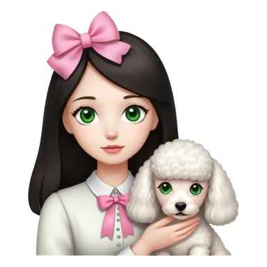 A girl with green eyes and long straight dark hair, who is holding a white poodle with a pink little bow. sticker