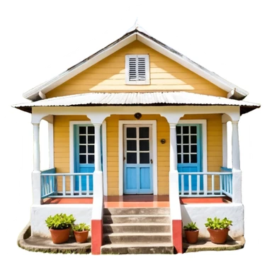 A typical wooden house from rural Puerto Rico with a central functional door, two symmetrical windows, a front porch with open railings, a rocking chair, and a small garden. The house should look humble but well-maintained, evoking warmth and authenticity. sticker