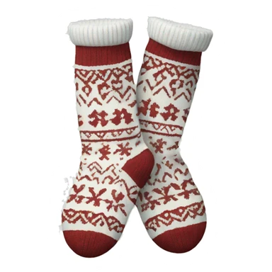 A pair of white cozy, patterned sock with a Nordic design sticker