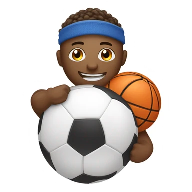A smiling white emoji face wearing a sports headband, surrounded by a soccer ball, basketball, dumbbell, and yoga mat. sticker