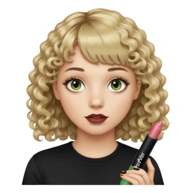 young woman wearing a black t shirt with curly dirty blonde hair, straight bangs, and hazel green & brown eyes. She is holding a Heather Rae Essentials Lippie Gloss sticker
