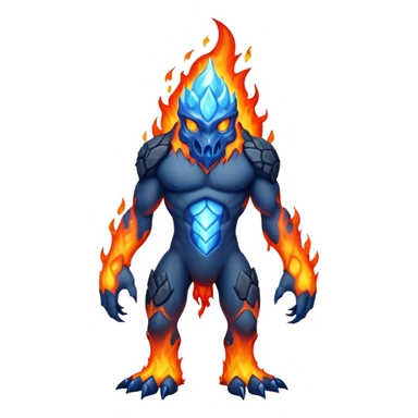 a mystical fast lava creature without arms with molten lava on its head and some rocky shoulders, fire crystals, blue flames, fire legs, no background sticker