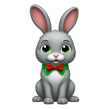 Gray bunny, one leg and one arm colored green, both ears are green, has a red bowtie on their neck sticker