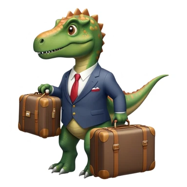 office Dinosaur in a suit, a huge luggage full of papers, trip sticker