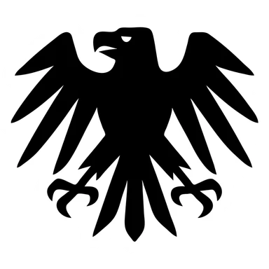 Transform the eagle symbol into a super menacing solid shape with straight lines and pointed corners instead of curves. Keep it as one solid filled shape with no outlines and no background, full body. sticker
