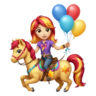 sunset shimmer mlp holding colorful balloons tied to its saddle, looking cheerful. sticker