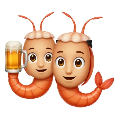 Design a trendy emoji-style illustration of two shrimp peeking from behind text, only half of their bodies visible, curious and playful expressions.
One shrimp holding a beer mug, the other pointing forward.
 sticker
