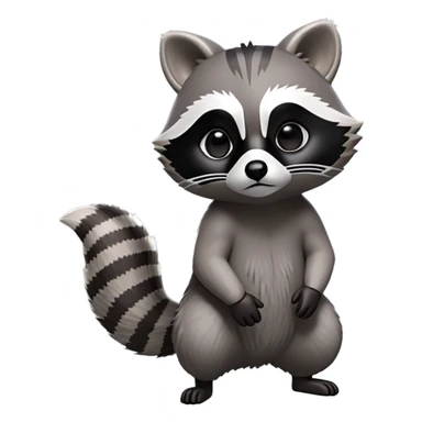 Cinematic-cute Raccoon-Realistic-hunched Full-Body on all fours-Emoji – Tail flicking lazily, head tilted dramatically, thick grey fur with a signature black mask, sharp and alert ears, simplified yet realistic focused features, highly detailed, glowing with an almost sarcastic glow big black eyes realistic body sticker