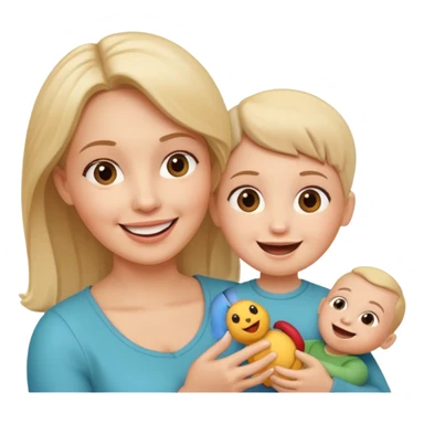 pleasanty surprised mother with child showing toy sticker