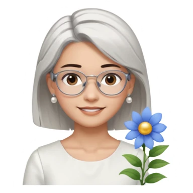  Emoji of a smiling girl with neck-length straight brown hair, fair tan skin, brown eyes, soft black brows, wearing silver glasses, pearl earrings, white hair clips, and blue flowers in her hair. She's in a clean white dress or shirt, with a soft clean girl aesthetic on a white background sticker
