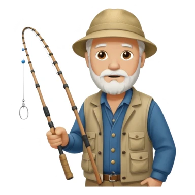 an old white haired, bearded man in fisherman attire, sat in a big boat on a calm sea, holding one fishing rod in one hand, with the end of the fishing line touching the water sticker