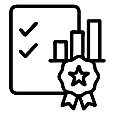 black and white outlined icon representing results of a training, simple and clear, could show a checklist, a chart, or a certificate sticker