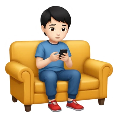 un niño de entre 3 - 10 años jugando con su celular, cansado y sentado en una habitacion apagada, el niño tiene piel blanca y cabello negro (hombre)

 sticker