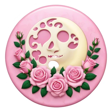 A round pink button with a light cream full damask moon and pink roses in the center sticker
