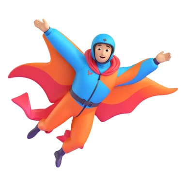 person flying in a wingsuit, wind in face, colorful suit, energetic sticker
