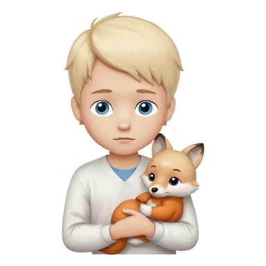 Light blonde,Shy , cute ,young Boy emoji, blue eyes, blushing, looking down, sad, white clothes, with a Small plush fox in the arm sticker