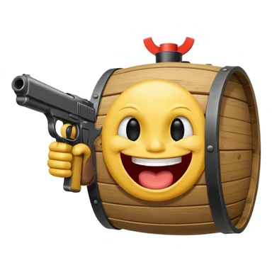 Yellow laughing face pointing gun at its own mount. The barrel of the gun is pointed towards the smile into the mouth sticker