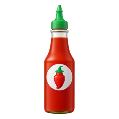 small upright squeeze bottle of sriracha sauce, bright red with distinct green nozzle cap, slightly translucent showing thick glossy red sauce inside, simple shape, no label or branding, no dish or extras, apple emoji style, soft lighting, subtle shadows, emoji scale sticker