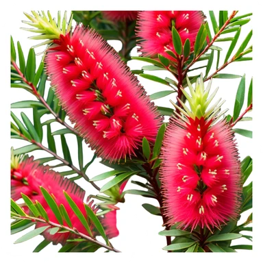Cinematic Realistic Callistemon Emoji, Vibrant and striking, with spiky red flowers resembling a bottlebrush. The slender leaves create a fine backdrop to the bold blooms, while the plant exudes energy and vitality. Soft glowing outline, capturing the essence of strength, color, and natural beauty in a brilliant callistemon tree! sticker