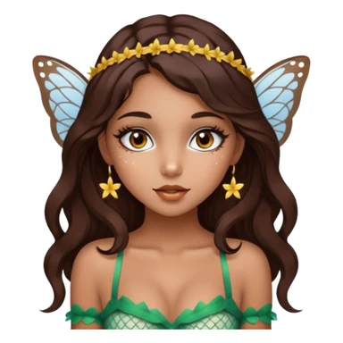 Pretty girl with caramel skin. Dark brown hair and brown eyes. She has freckles. Wearing sexy makeup. Wearing a fairy costume with white fishnet tights and tall heels sticker