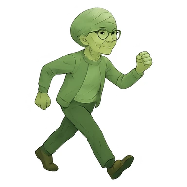 Change the walking pose of the elderly woman with short hair to a brisk walk. Keep the bufo style look in mind while editing. sticker