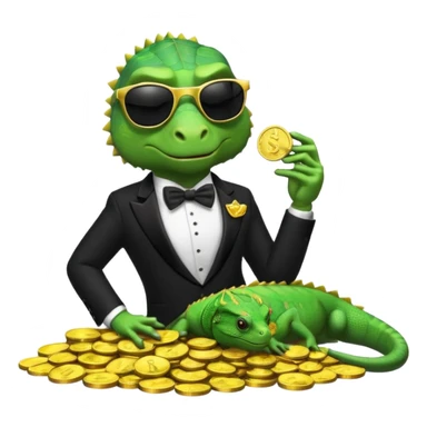 capitalist iguana banker in tuxedo and black sunglasses lying comfortly on coins sticker