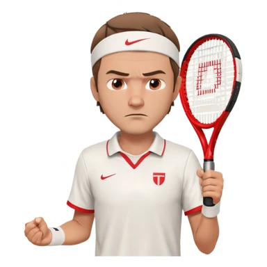 A 3D cartoon-style illustration of a male tennis player resembling Daniil Medvedev. He is wearing a white tennis shirt with a small logo, a white wristband, and holding a red and white tennis racket. His expression is serious and focused. He has short brown hair and a headband with a small red logo. The style is similar to an Apple emoji or Memoji character – clean, high-quality, slightly exaggerated facial features, and polished rendering. White background.
 sticker