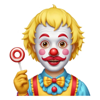 Funny clown — yellow wig, mustache, candy in hand sticker