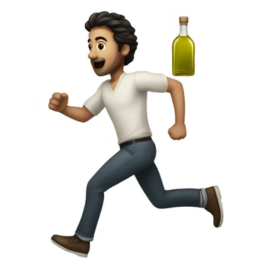 A white man with dark hair running with an olive oil bottle in hand sticker
