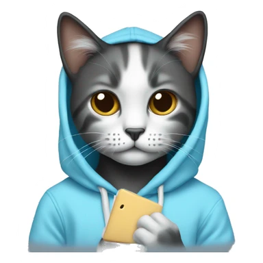 Cat wearing baby blue hoodie and a black MacBook sticker