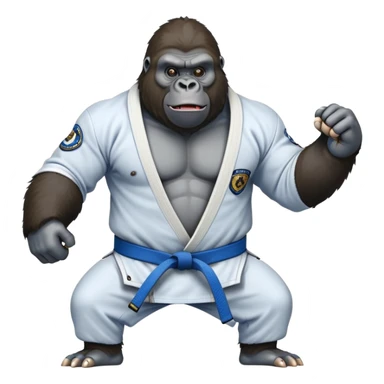 Gorilla in a jiu jitsu gi with a blue belt sticker
