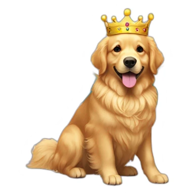 Golden retriever flying wearing a rainbow cape and a golden crown sticker