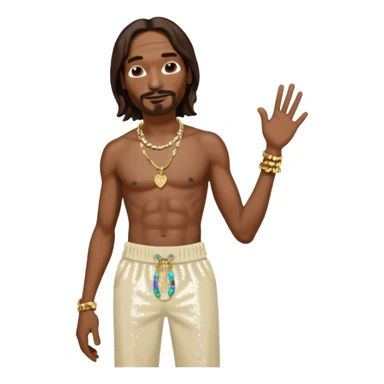 Snoop Dogg with long dark brown hair, cream sequin baggy pants, shirtless with necklace sticker