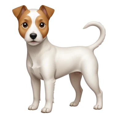 a full body white parson russell looking dog the size of a kelpie with light brown ears and a light brown patch on one eye and a large snout sticker
