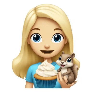 blonde girl with blue eyes eating a cupcake with a squirrel eating a cupcake sticker