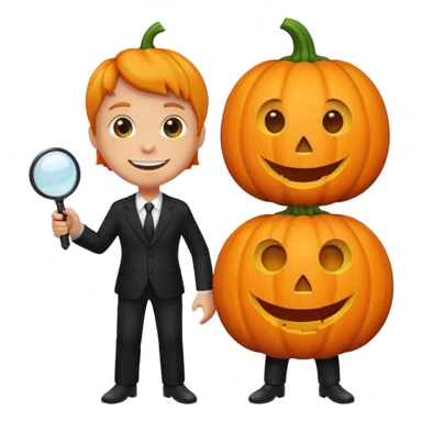 A pumpkin smiling at a magnifying glass (the magnifying glass has a suit thats black, the magnifying glass also has one eye in the middle turn the magnifying glass into a living person give the magnifying glass Normal looking eyes and give it actual arms and legs  sticker