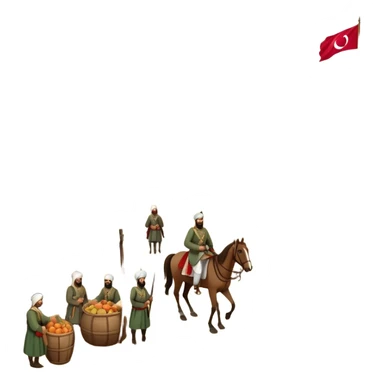 Early Ottoman settlement being built. Wooden houses, tents, and a small market. People in traditional Ottoman clothes, soldiers on horseback, and a flag waving sticker