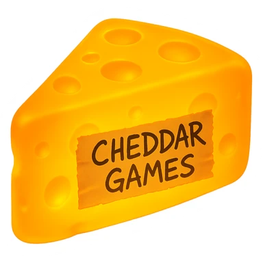 Make the cheese glow and add a piece of torn tape centered on the side that says 'Cheddar Games' in messy sharpie handwriting. Keep the style and shape the same. Remove the background. The original style is a simple cheese illustration, please maintain that look. sticker