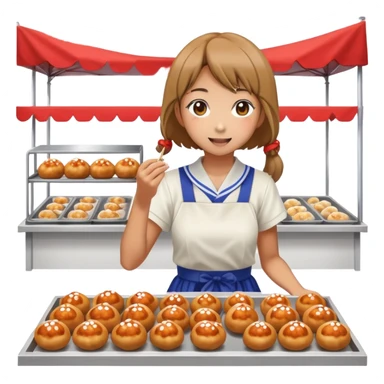 Japanese high school girl at cultural festival running food stall with takoyaki sticker