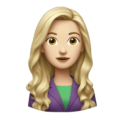 memoji of a white female in green suit, long blond hair, head tilted on one side slightly sticker