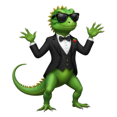 capitalist iguana in tuxedo with black sunglasses dancing sticker
