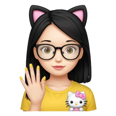 Nails cute with hello kitty wear glasses black long  hair wear, yellow shirt sticker