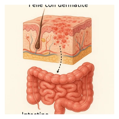 realistic medical illustration showing skin with dermatitis problems visually connected to the intestine, educational and respectful style, with Italian labels, no explicit details sticker