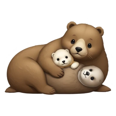 tiny white seal laying on a big brown bear’s belly sticker