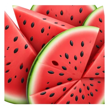 Cinematic juicy watermelon, thick slices revealing vibrant red interior, glossy and glistening with tiny black seeds, fresh and refreshing, soft glowing background, summer vibes. sticker