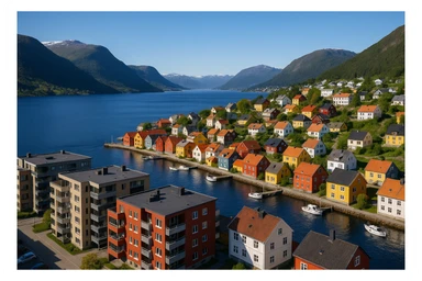 A coastal town in norway, apartment blocks sticker
