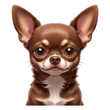 Cinematic Grumpy Chocolate Short Haired Chihuahua Portrait Emoji, Head tilted slightly with a deeply unimpressed expression, thick chocolate fur with a glossy sheen, large, droopy dark eyes narrowed into an unamused glare, ears slightly drooping in exasperation, Simplified yet comically expressive features, highly detailed, glowing with a dry, sarcastic glow, high shine, effortlessly judgmental yet dignified, stylized with a touch of cynicism, bright but brooding, soft glowing outline, capturing the essence of an eternally unimpressed yet endearing pup, so lifelike it feels like it could sigh heavily at you in disdain at any moment! sticker